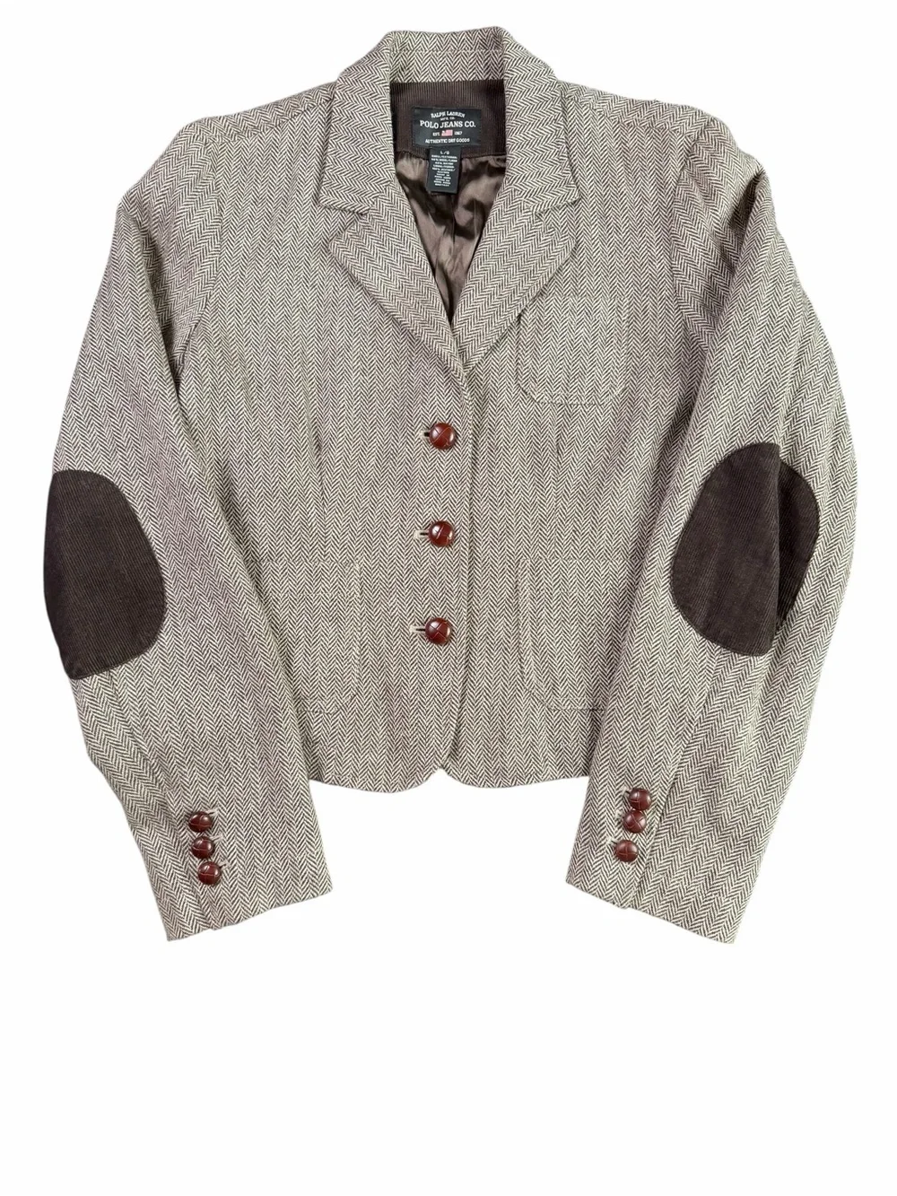 Polo Jeans Co Women's Brown Herringbone Blazer with Elbow Patches size Large